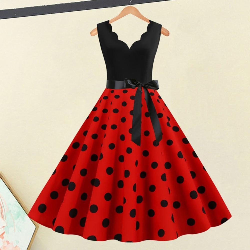 Womens Retro Summer Dress VNeck Polka Dot Pinup Party Dress with Bow Audrey HepburnInspired 50s