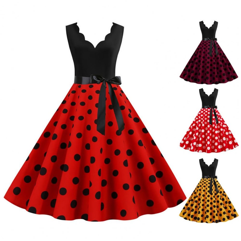 Womens Retro Summer Dress VNeck Polka Dot Pinup Party Dress with Bow Audrey HepburnInspired 50s