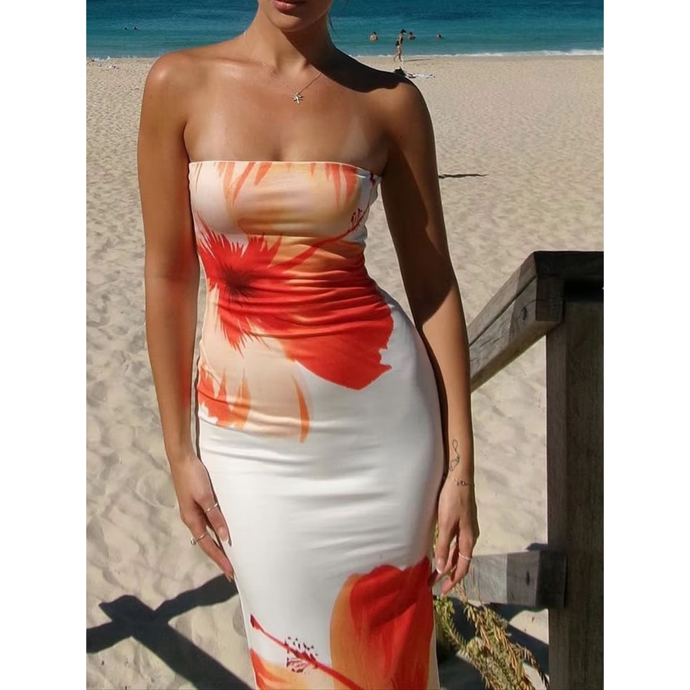 Elegant Womens Summer Off Shoulder Flower Printed Dress 4