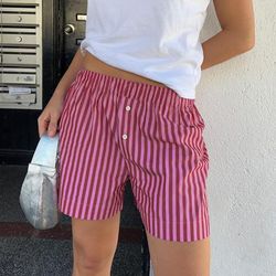 casual vintage shorts for women, high waist elastic waist striped print pajama pants, beachwear & streetwear