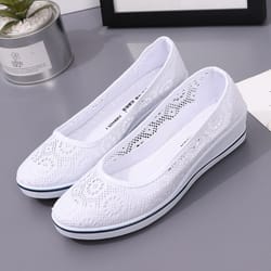 lace hollow breathable little white flat shoes, mid wedge heel women's summer beauty shoes size, slip-on comfort