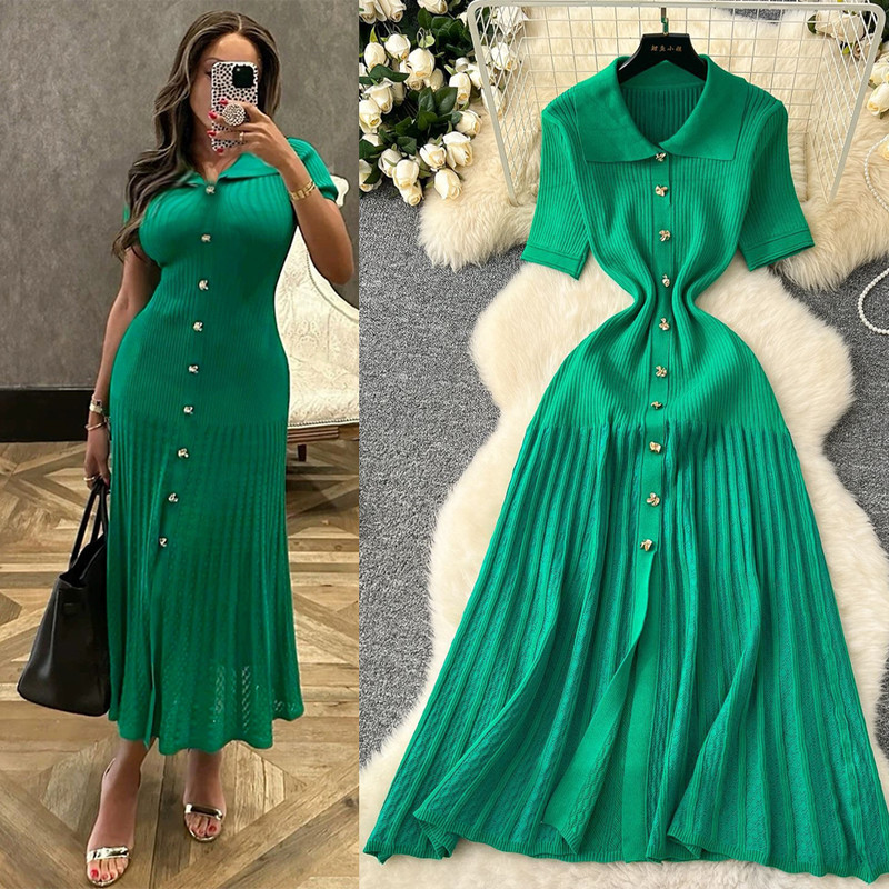 Chic Fashion Elegant Patchwork Knitted Maxi Dress Summer Lady Turndown Collar Shirt Sweater Dress P 0
