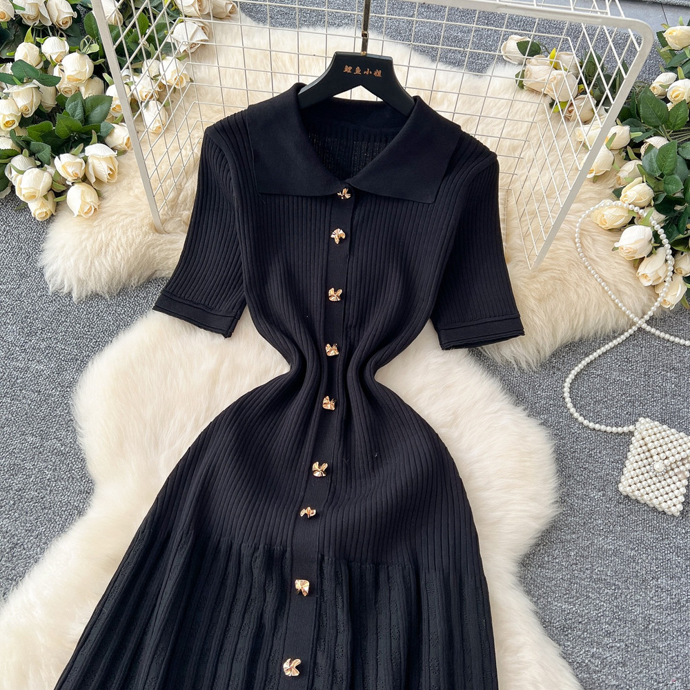 Chic Fashion Elegant Patchwork Knitted Maxi Dress Summer Lady Turndown Collar Shirt Sweater Dress P 1