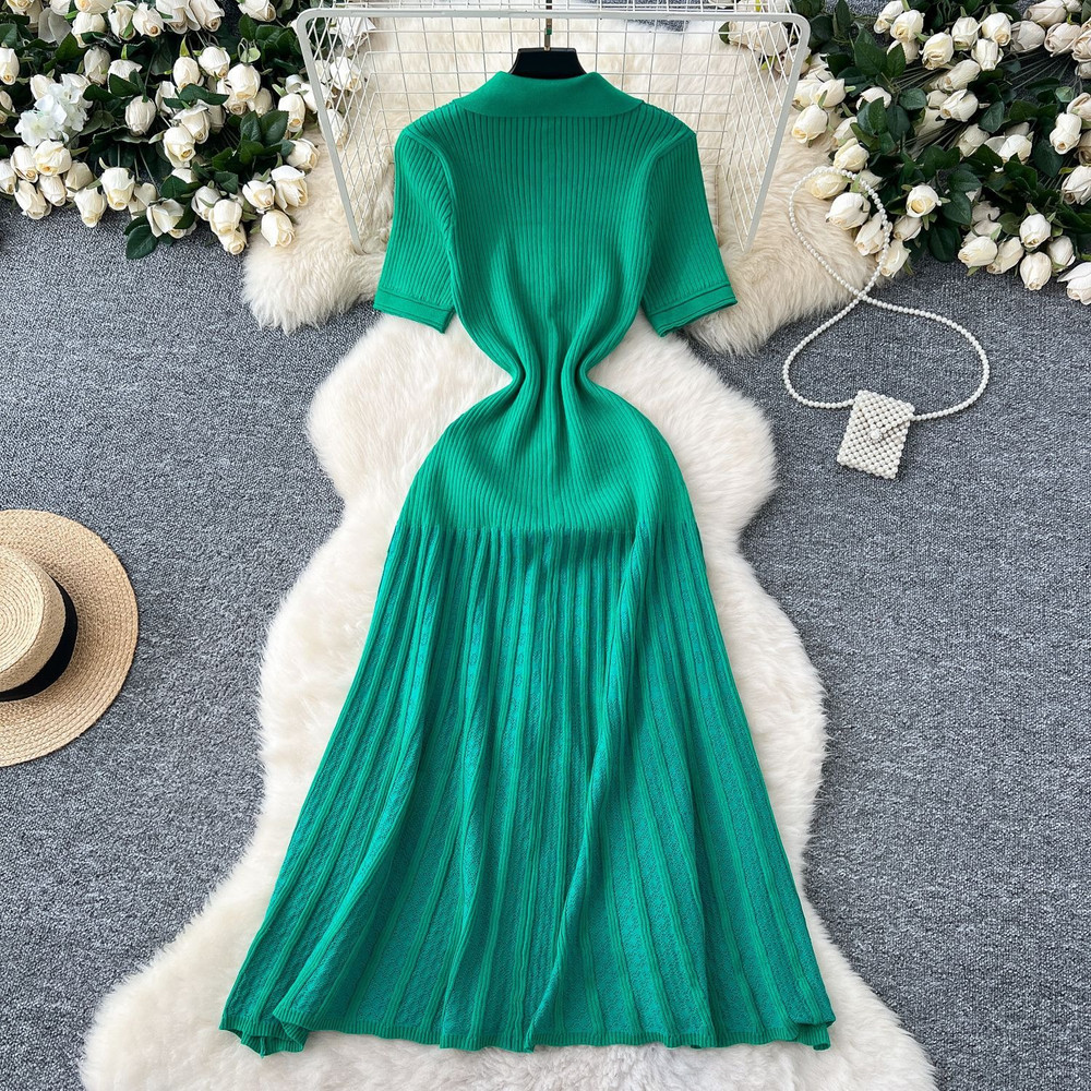Chic Fashion Elegant Patchwork Knitted Maxi Dress Summer Lady Turndown Collar Shirt Sweater Dress P 3