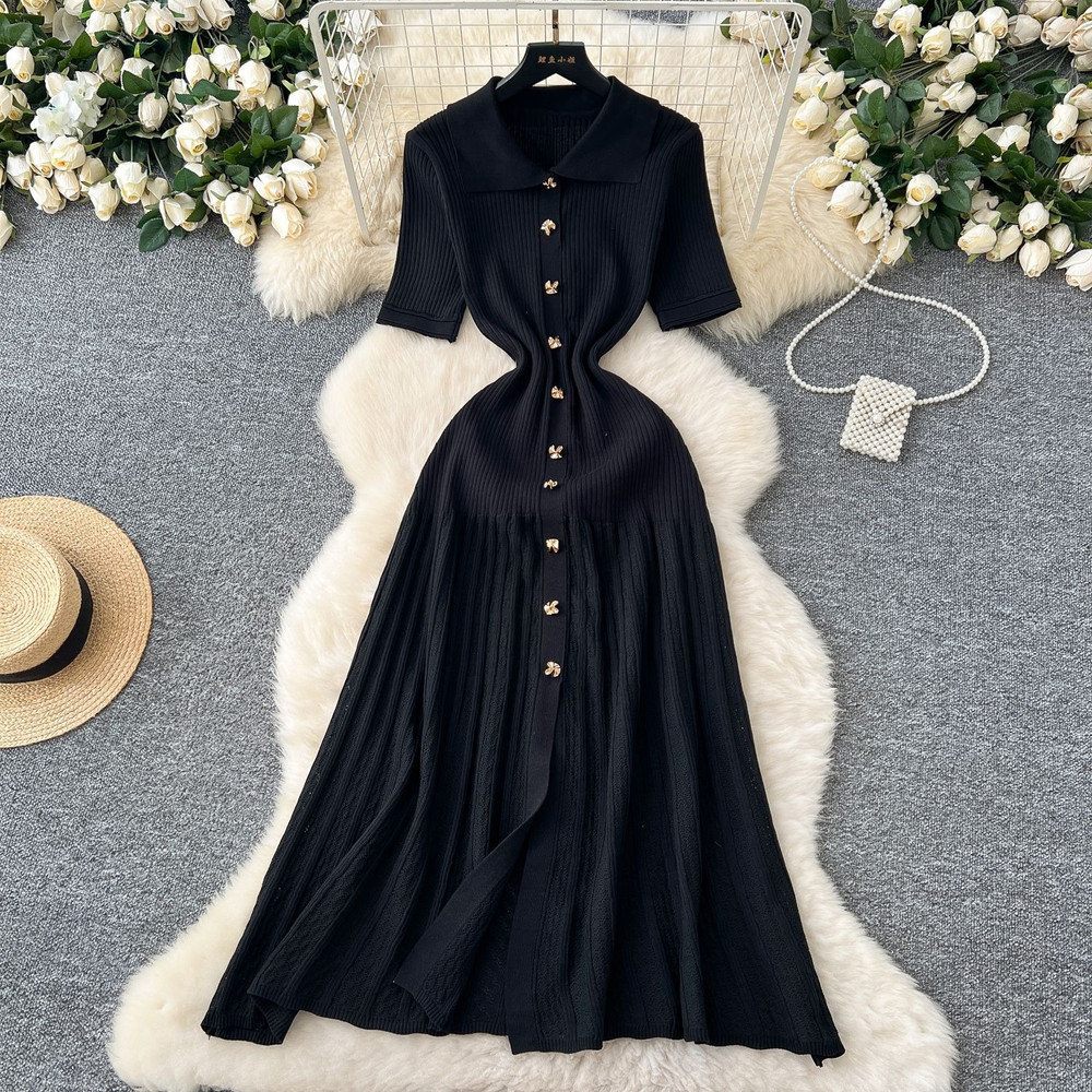 Chic Fashion Elegant Patchwork Knitted Maxi Dress Summer Lady Turndown Collar Shirt Sweater Dress P 4