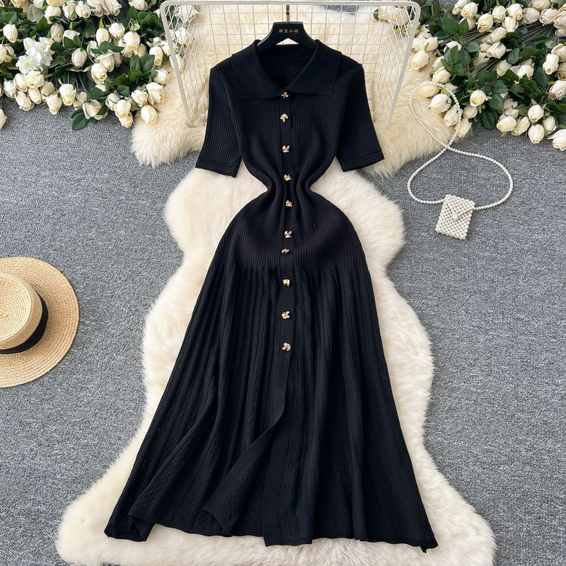 Chic Fashion Elegant Patchwork Knitted Maxi Dress Summer Lady Turndown Collar Shirt Sweater Dress P 4