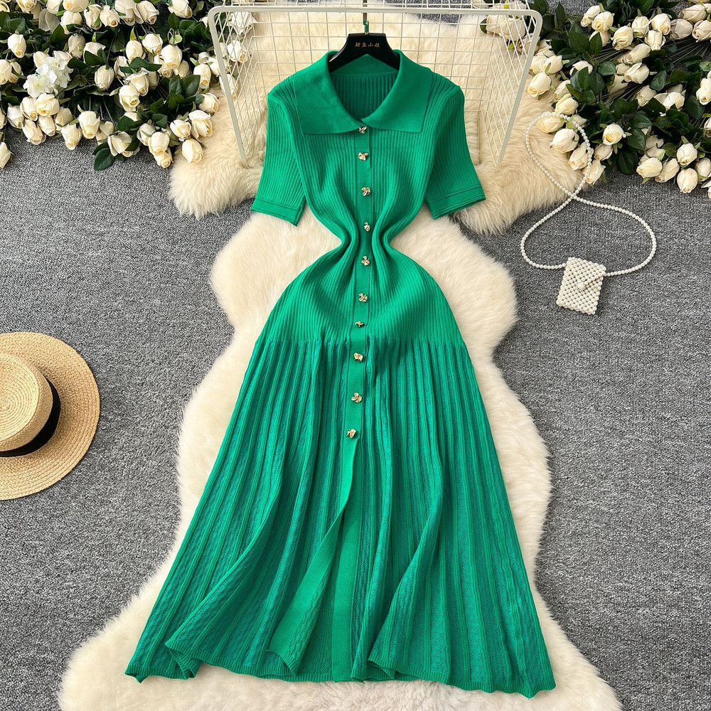 Chic Fashion Elegant Patchwork Knitted Maxi Dress Summer Lady Turndown Collar Shirt Sweater Dress P 5