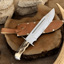 premium d2 steel bowie knife | 15" collector blade with stag horn handle + leather sheath | handmade hunting knife