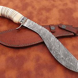 damascus steel kukri bowie knife | camel bone handle | 15" vintage hunting knife w/ leather sheath