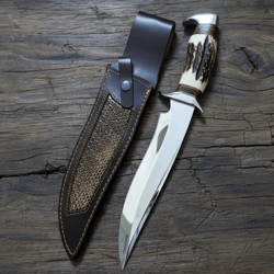 handcrafted d2 steel bowie knife 13" | deer horn handle w/ rosewood & brass | razor sharp blade + leather sheath