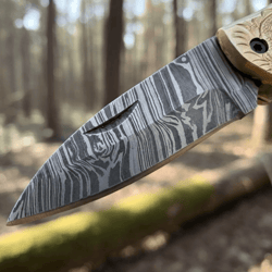 custom damascus folding knife set | blue turquoise handle | brass engraved bolster + leather sheath