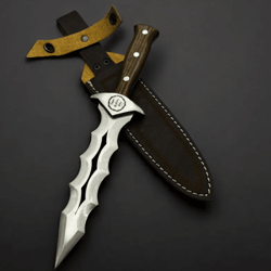 11" personalized walnut handle double-edge dagger knife | custom engraved anniversary & outdoor gift + leather sheath