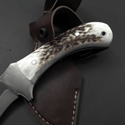 handmade deer antler hunting knife 9" | full tang stainless steel blade | outdoor hunting & camping knife + leather shea