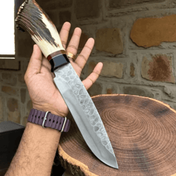 handmade high carbon steel hunting knife | hammer-forged blade | genuine stag handle with leather sheath