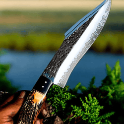 handmade stag handle bowie knife | high carbon steel 13" blade + leather sheath | large outdoor hunting & survival knife