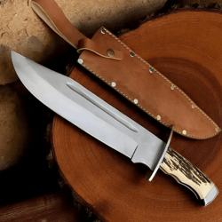 premium d2 steel bowie knife | 15" collector blade with stag horn handle + leather sheath | handmade hunting knife
