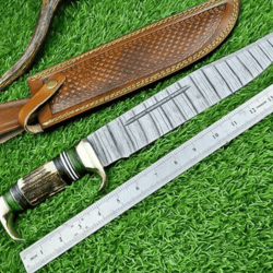 damascus steel bowie knife | stag horn handle | full tang outdoor survival blade | husband gift