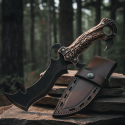 fantasy art knife with engraved stag horn handle | carbon steel collector blade with leather sheath | luxury artisan