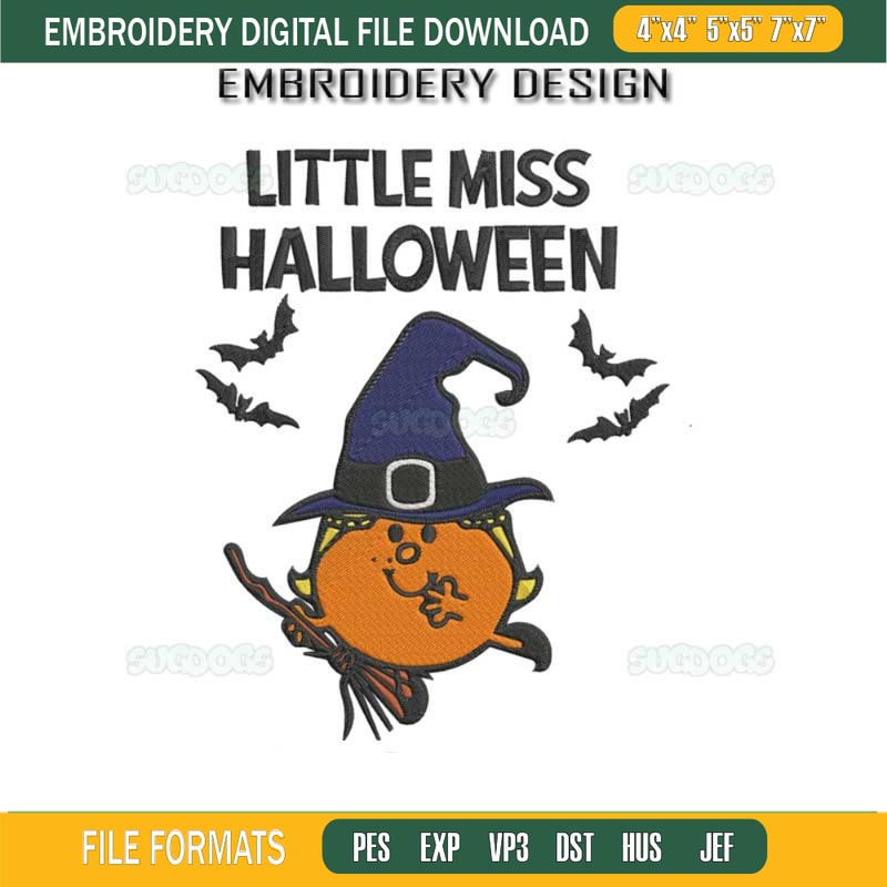 Little Miss Halloween Embroidery Design File, Witch Little Miss Halloween Embroidery Design File.jpg