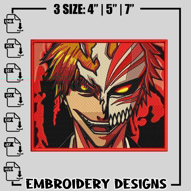 Ichigo Kurosaki mask embroidery design, bleach embroidery, anime design, logo design, logo shirt, Digital download.jpg
