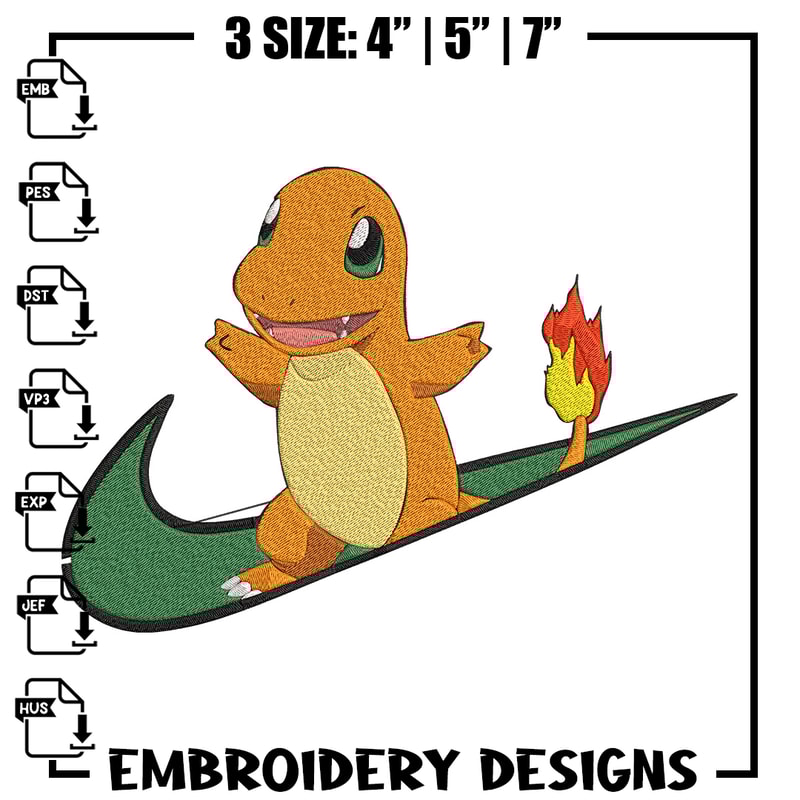 Charmander nike Embroidery Design, Pokemon Embroidery, Embroidery File, Nike Embroidery, Anime shirt, Digital download.jpg