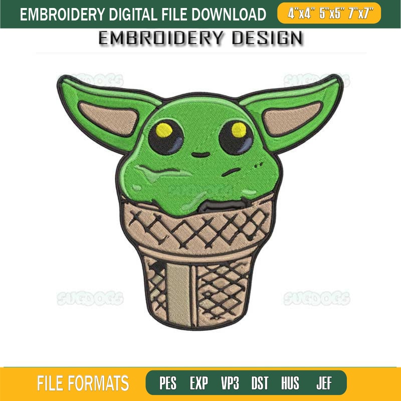 Cute Ice Cream Green Baby Yoda Embroidery Design File, Baby Yoda Embroidery Design File.jpg