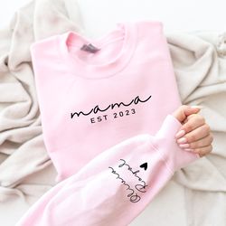 Custom Mama Sweatshirt with Date and Children Names on Sleeve, Mama Neckline, Mothers Day Gift, Gift for Mom, Minimalist
