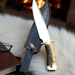 handmade d2 steel bowie knife | stag horn handle & brass guard | leather sheath included