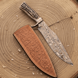 copper damascus bowie knife | stag handle & brass bolster | handmade hunting & survival knife | hunter gift
