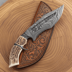 handmade damascus bowie knife | stag antler handle | full tang survival & hunting knife | hunter gift | bf gift