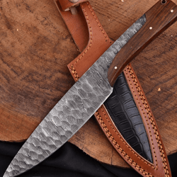 12" ridged damascus steel bowie knife | full-tang hunting & camping knife + leather sheath | outdoor & gift knife
