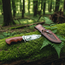 handmade d2 steel hunting knife | padauk wood handle | full tang outdoor blade + leather sheath | premium camping & surv