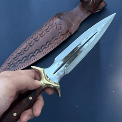 handmade stainless steel dagger knife | walnut handle | double-edged blade | leather sheath | hunting, display & gift kn