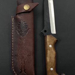 handmade full tang gut hook hunting knife | custom engraved blade | walnut handle + leather sheath | outdoor camping & s