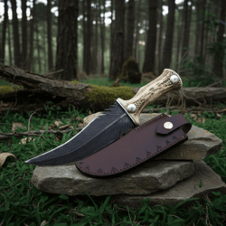 feather blade knife with stag horn handle | carbon steel fantasy knife with leather sheath | unique handmade art knife