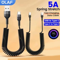 66w 5a fast charging usb-c spring car cable, coiled type-c to type-c data cord for xiaomi, huawei, iphone 15