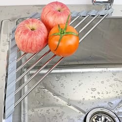 foldable triangle dish drying rack, stainless steel over sink kitchen organizer & sponge holder