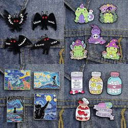 punk witch skull ghost enamel pin brooch set, cartoon frog black bird lapel badge for clothes, bags, jackets, backpacks