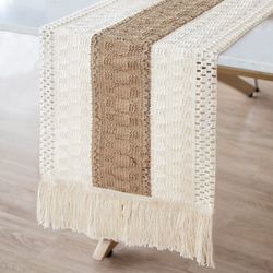 splicing burlap table runner, farmhouse style boho decor with rustic woven cotton & crochet lace trim