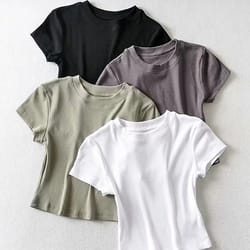 women's skinny fit crop tops, summer sexy short sleeve o-neck elastic t-shirt for women