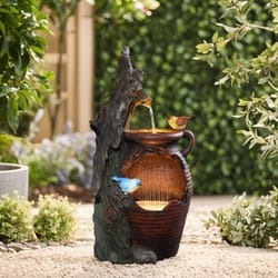 luxenhome 30 inch tall outdoor water fountain, rustic pot & tree trunk cascading waterfall fountain for garden, patio