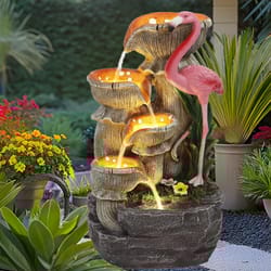 5 tier outdoor indoor water feature fountain, flamingo ornamental cascading waterfall with 5 led light for garden, decor