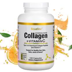 bcuelov hydrolyzed collagen type i iii with vitamin c, boost skin elasticity, hair nails joint bone health, 120 capsules