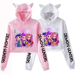 mira rumi zoey print cat ear hoodie,kpop demon hunters cropped sweatshirt,women's long sleeve cartoon graphic crop top
