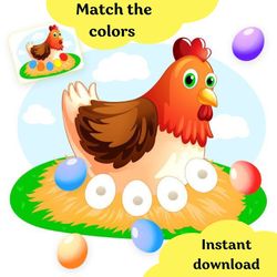 Kids Easter activity, Color Matching Game, Chiken and Eggs Matching Cards, Toddler Learning, Preschool printables