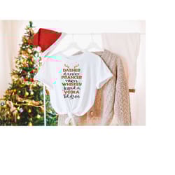 reindeer christmas party shirt,dasher dancer prancer and vixen presseco tequila vodka and blitzen shrt,funny chrstmas sh