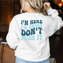 i'm here i'm awake don't push it sweatshirt, hoodie with words on back, aesthetic hoodie, trendy hoodie, sweater for wom