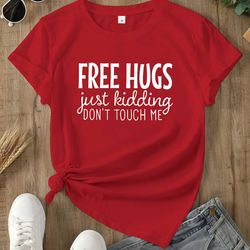 Free Hugs Print Red T-Shirt, Casual Crew Neck Short Sleeve Top For Spring & Summer, Women's Clothing M