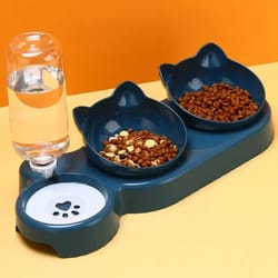 triple cat bowls pet feeder with automatic drinking bottle – tilted design for cats and dogs
