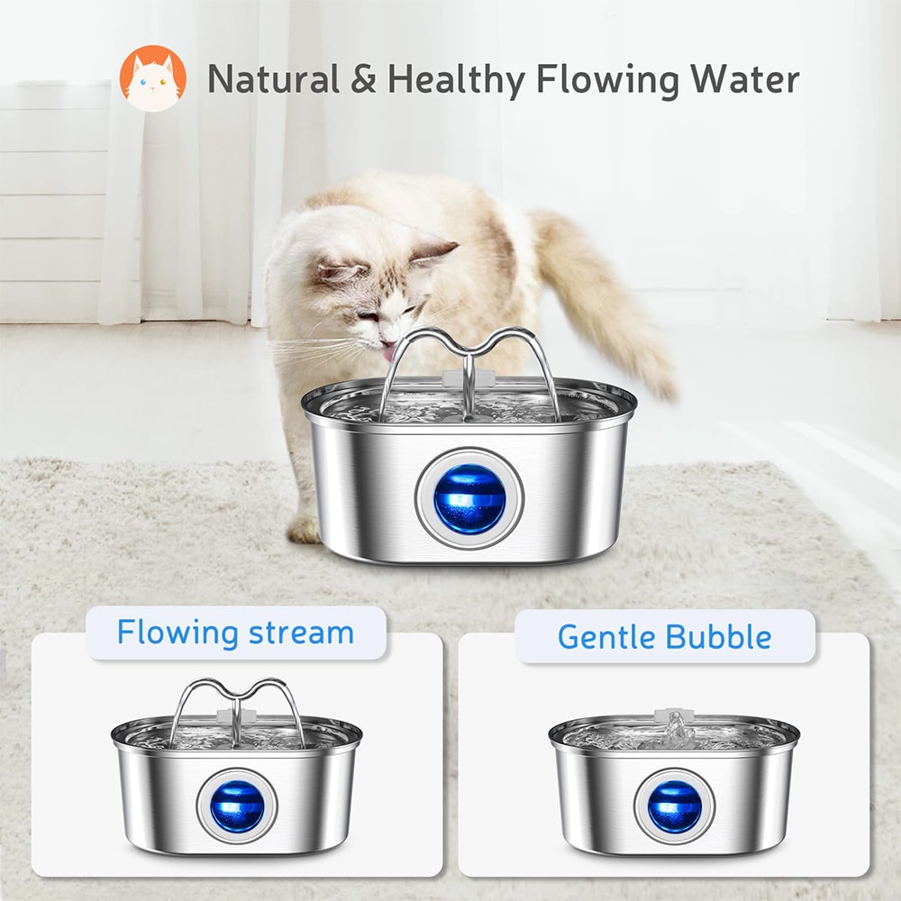 Cat Water Stainless Steel Fountain With LED Light Silent Pump Automatic Pet Drinking Dispenser For 1